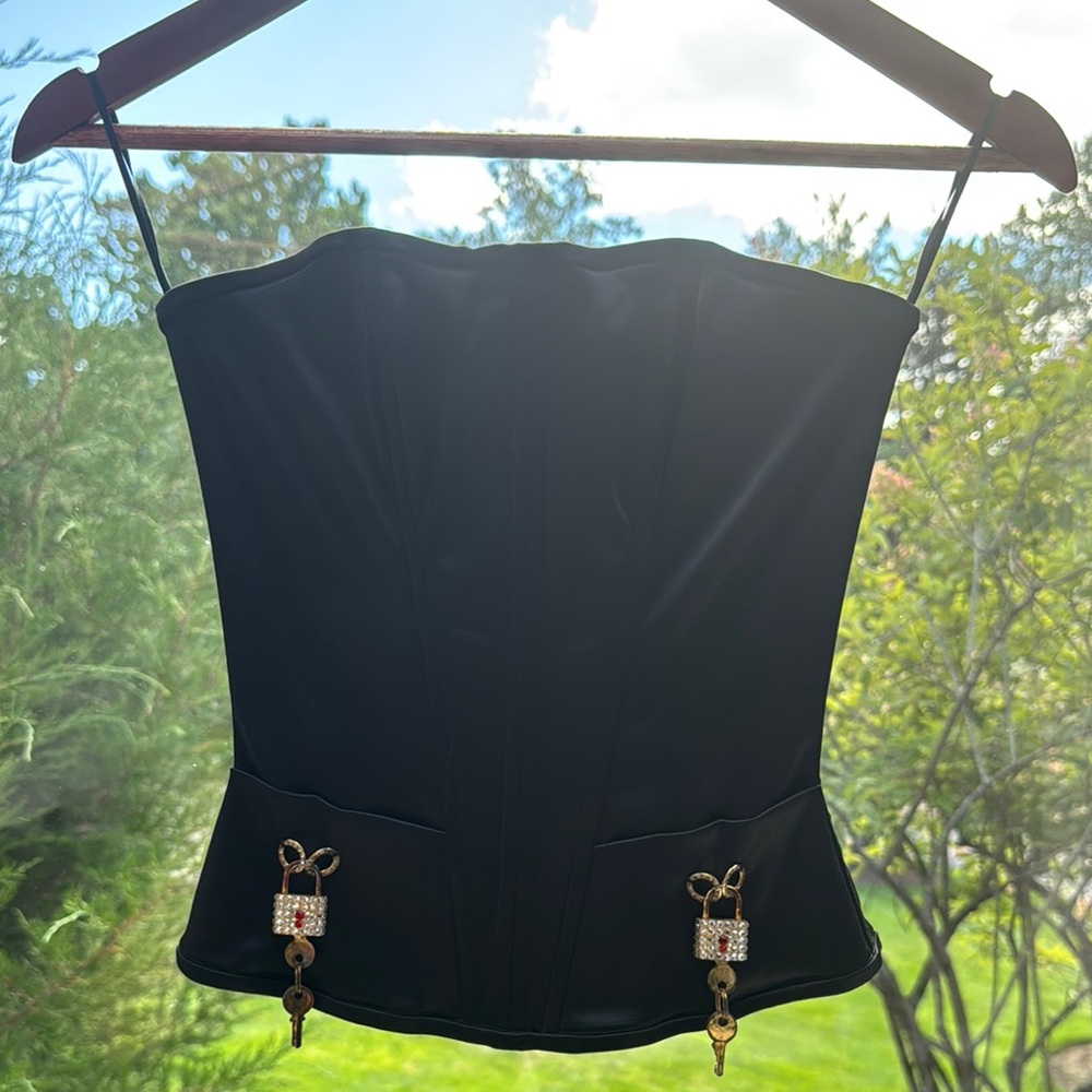 RARE Vintage Fernando Wong Black Corset Top with Gold Key Accents